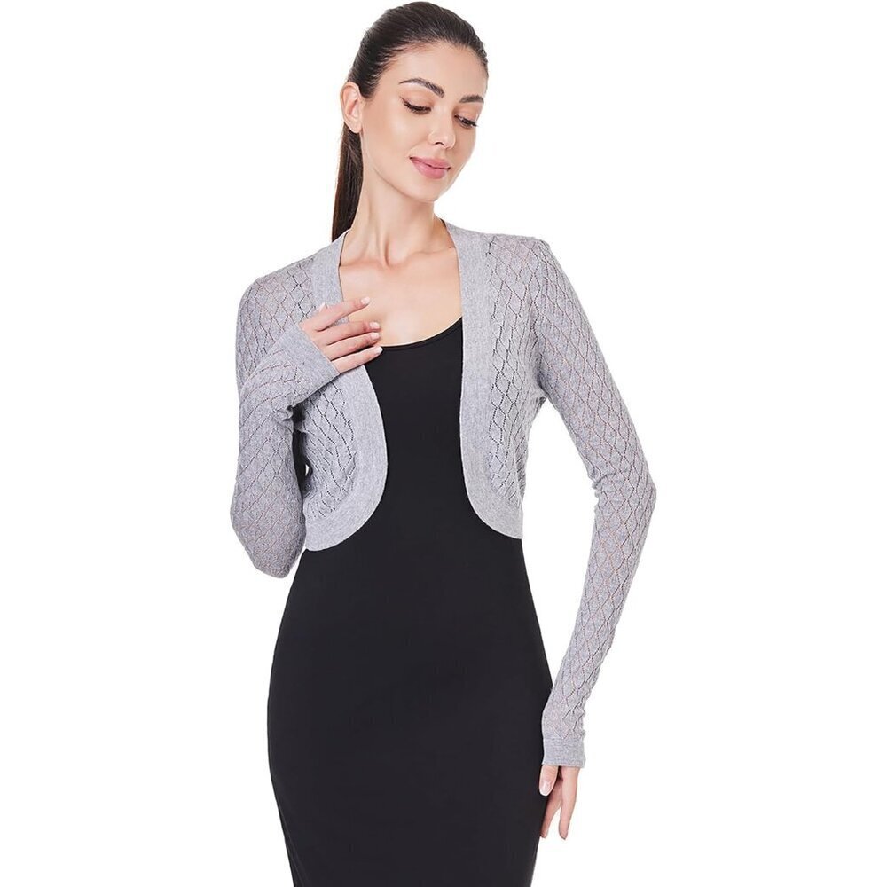 Women Lightweight Knit Bolero Shrug Cropped Cardigan Long Sleeve Gray Small